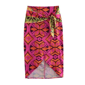 Yipinpay 2023 Print Midi Skirt Women Knot High Waist Slit Summer Skirts Sets Stylish Long Skirts For Women Vintage Boho Beach Skirt